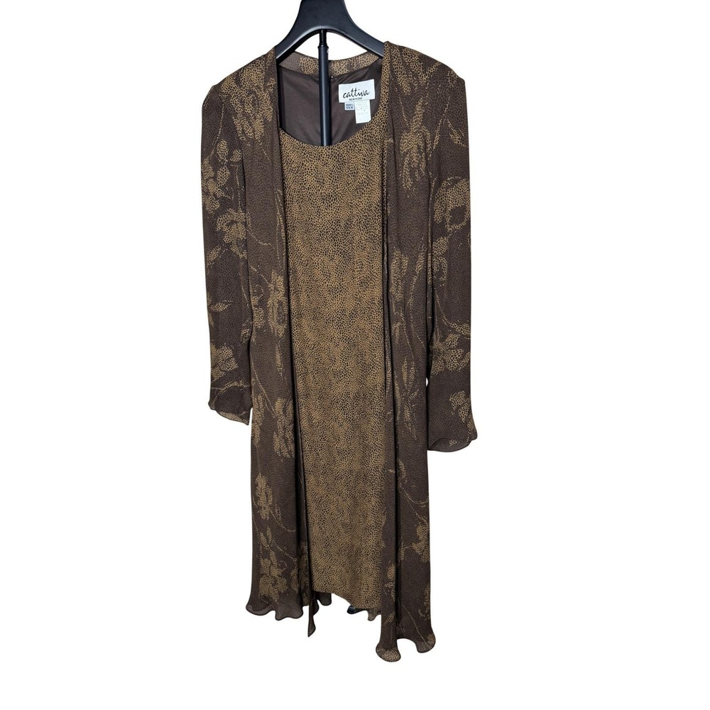 Cattiva New York 100%‎ Silk Dress Duster Set Brown Animal Floral Vintage Size 10
